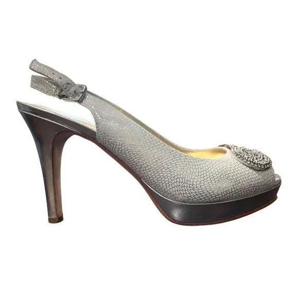 Antonio Melani Silver Peep-Toe Slingback Heels Embellished Evening Wedding Size - Picture 2 of 9